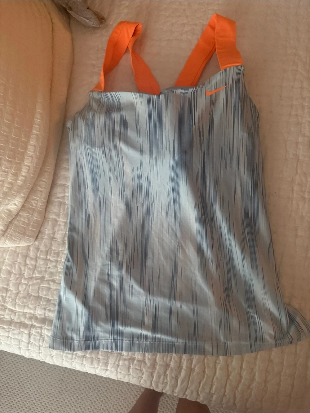 Nike Light Blue Striped Performance Tank L with Orange Straps and Navy Skirt M